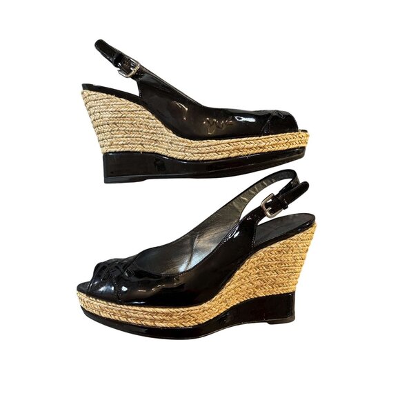 Stuart Weitzman Black Patent Leather Peep Toe Slingback Wedge Sandals Size 8M - Picture 1 of 9